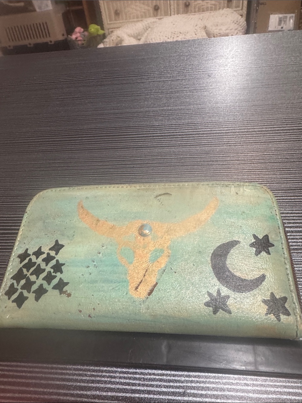 Mint Green Zip Card & Key Holder with Gold Bull Skull and Celestial Accents